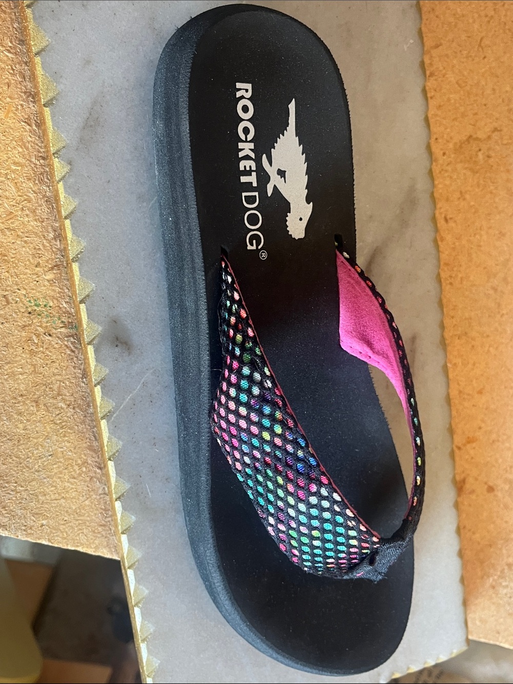 Rocket Dog Black Flip Flop with Multicolor Woven Strap and Pink Lining